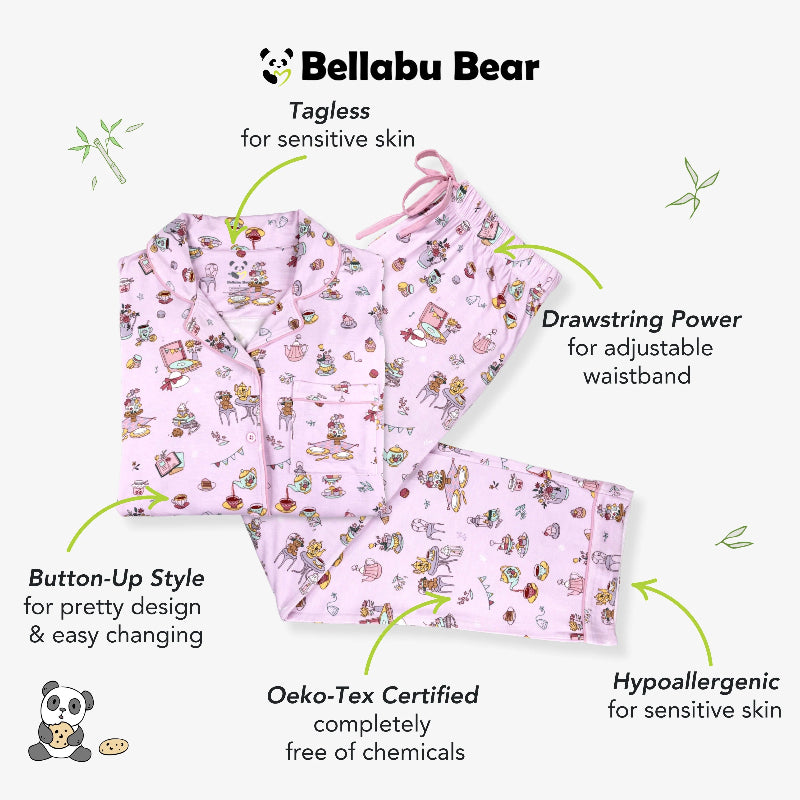 Bellabu Bear Bamboo Women's Pajama Set Tea Party in pink; button-up top, drawstring waist, cozy hypoallergenic sleepwear.