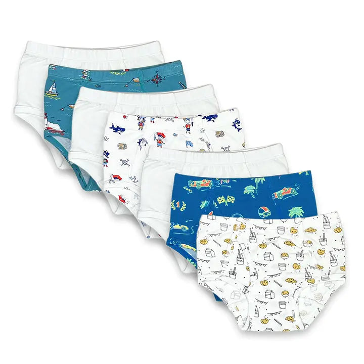 Bellabu Bear Boy's Bamboo Underwear 7-pack displayed in a fanned stack of assorted prints and colors, made from bamboo.