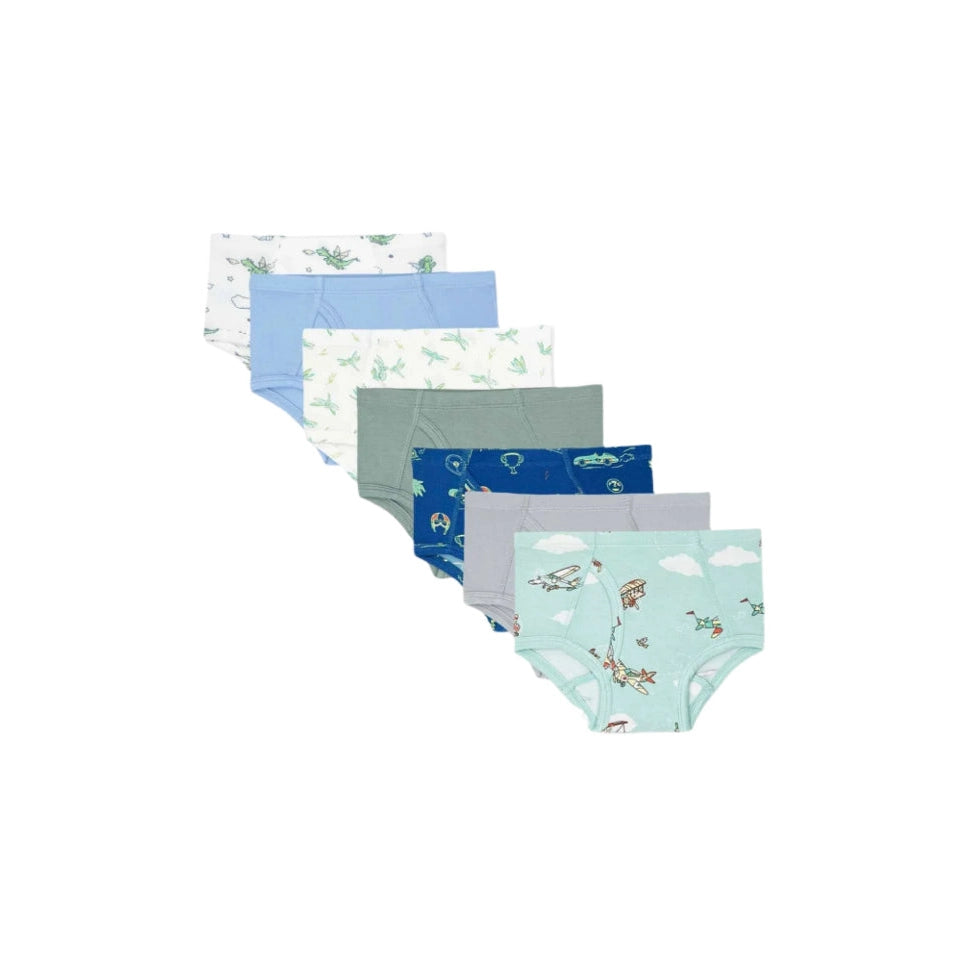 Bellabu Bear boys' bamboo underwear 7-pack in assorted pastel blues and printed patterns