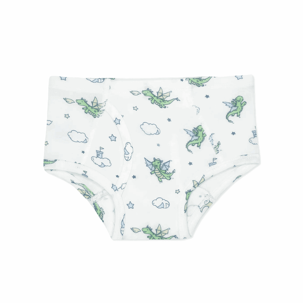 Bellabu Bear boys bamboo underwear 7-pack with green dragon print on white fabric