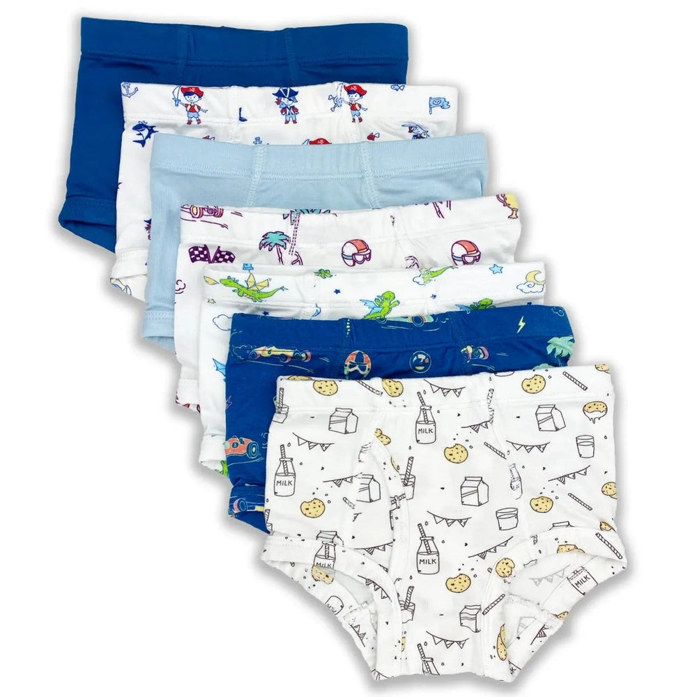 Bellabu Bear Boy's Bamboo Underwear Core 7 Pack neatly fanned, showing assorted prints and blue tones