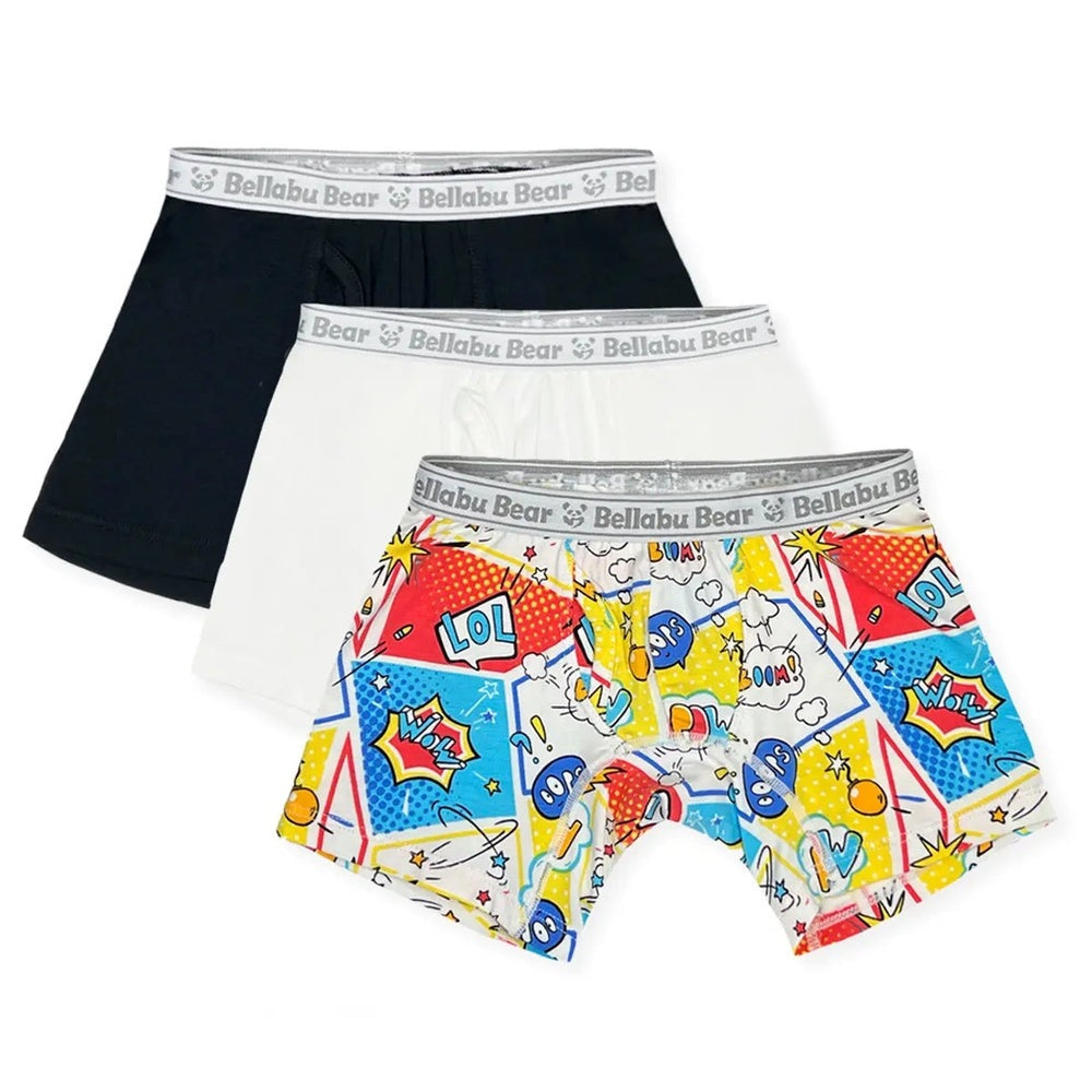 Bellabu Bear Boy's Boxer Brief Bamboo Underwear Spring 3-Pack Comic, showing black, white, and colorful comic print briefs laid flat with branded elastic waistbands.