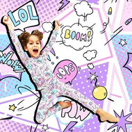 Bellabu Bear Comic Purple Bamboo Kids Pajamas Two Piece Set