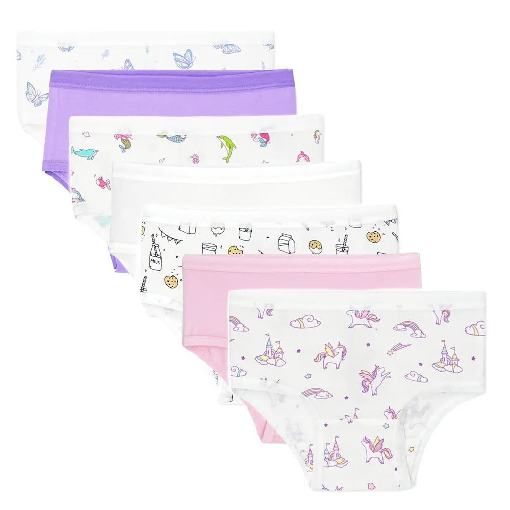Bellabu Bear Girl's Bamboo Underwear 7-Pack, soft pastels and playful prints, seven pairs neatly stacked.