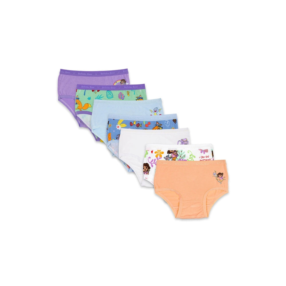 Bellabu Bear Girl's Bamboo Underwear 7-Pack Dora The Explorer, pastel shades, laid out in a fan to show variety
