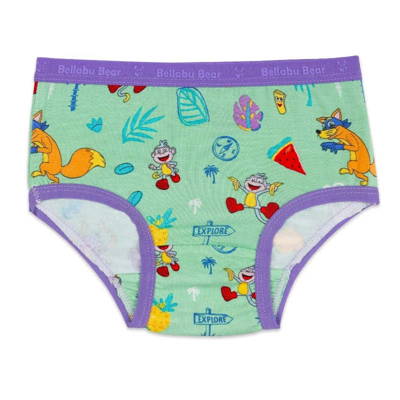 Bellabu Bear Girl's Bamboo Underwear Dora the Explorer, mint green with purple trim, featuring cartoon characters; 7-pack.