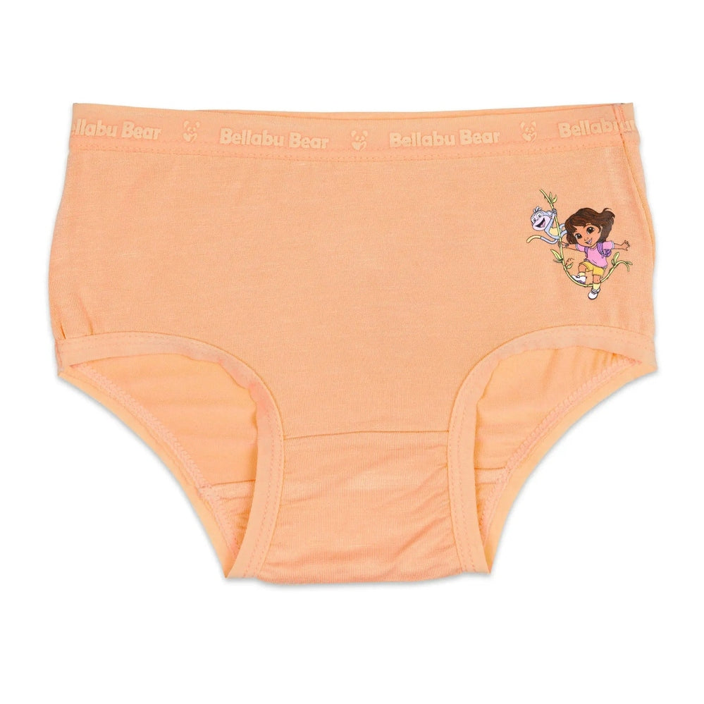 Bellabu Bear Girl's Bamboo Underwear Dora The Explorer peach pair with logo waistband and Dora climbing a vine.