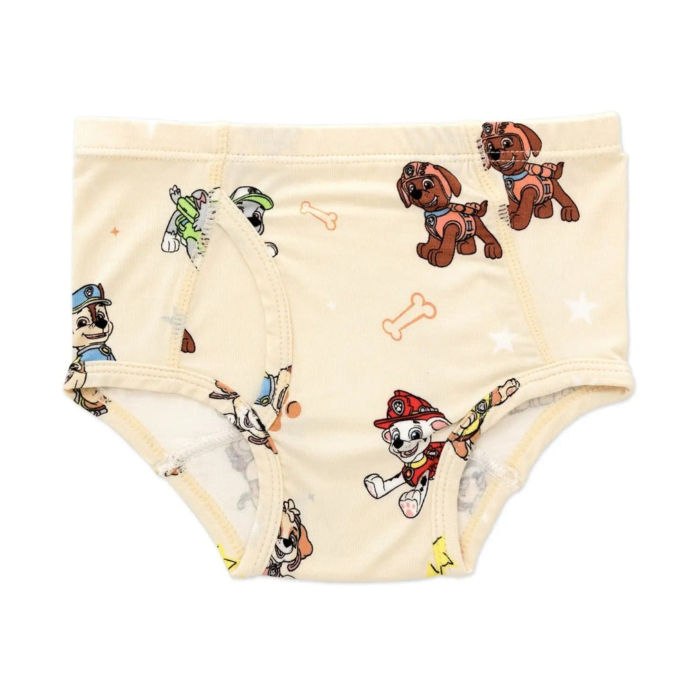 Bellabu Bear Girl's Bamboo Underwear 7-Pack Paw Patrol cream briefs with colorful Paw Patrol characters and stretchy elastic waistband.