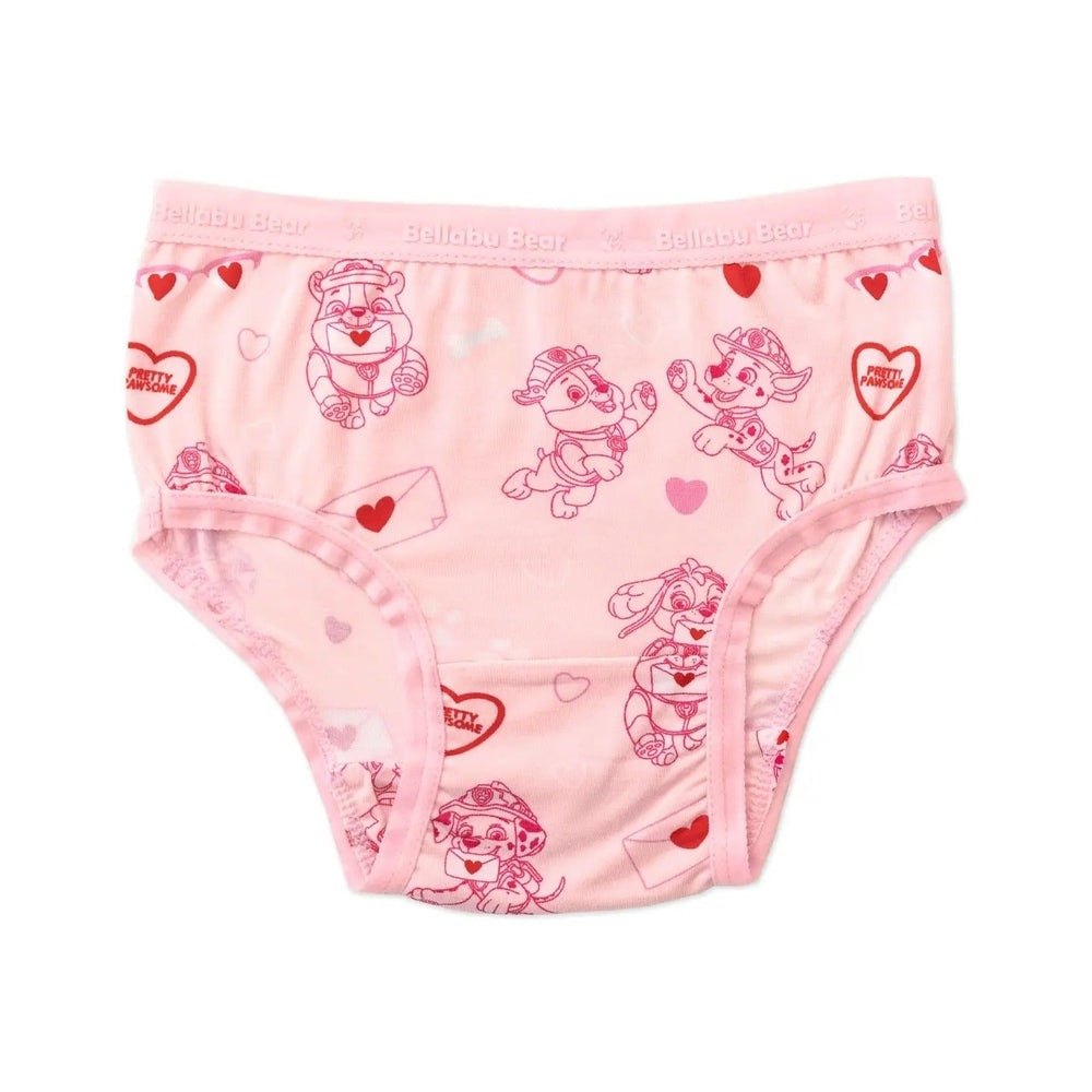 Bellabu Bear Girls' Bamboo Underwear 7-Pack pink briefs laid flat with Paw Patrol characters and hearts.