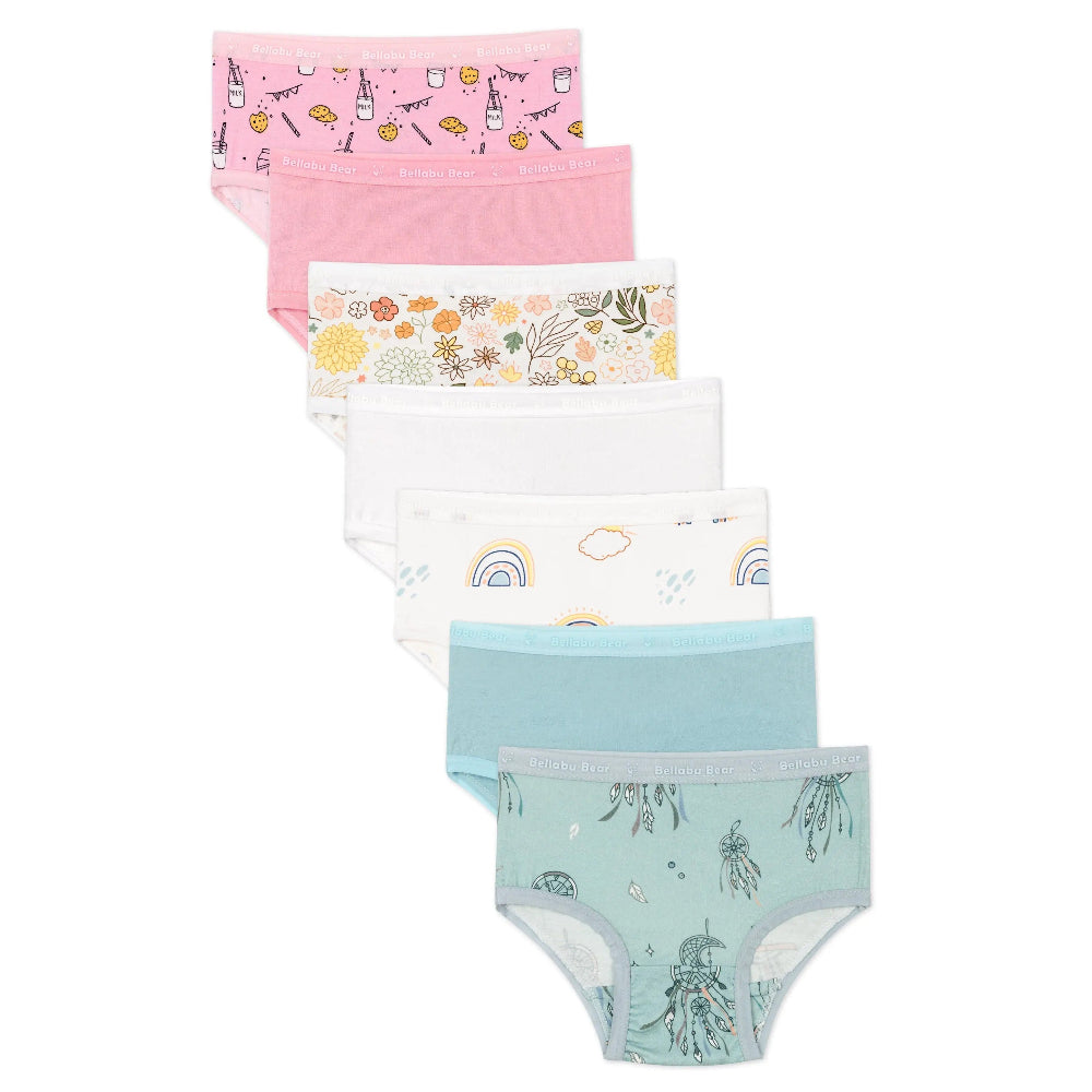 Bellabu Bear Girl's Bamboo Underwear 7-Pack Springtime; seven pastel panties with floral, rainbow patterns neatly stacked.