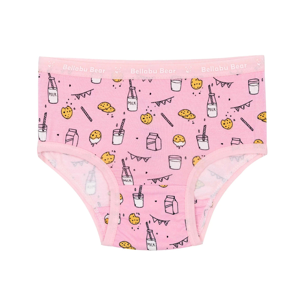 Bellabu Bear Girls' Bamboo Underwear Springtime 7-pack in pink, with milk bottle print and soft elastic waistband.