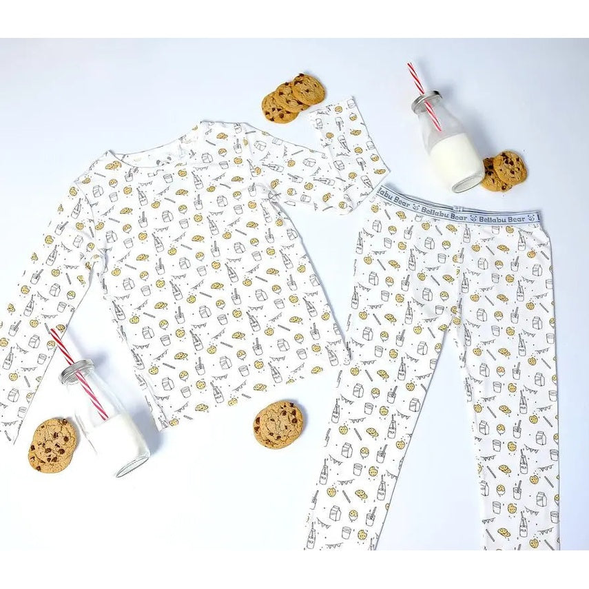 Bellabu Bear Milk and Cookies Bamboo Kids Pajamas set, white with milk bottle and cookie print, top and bottom laid flat.