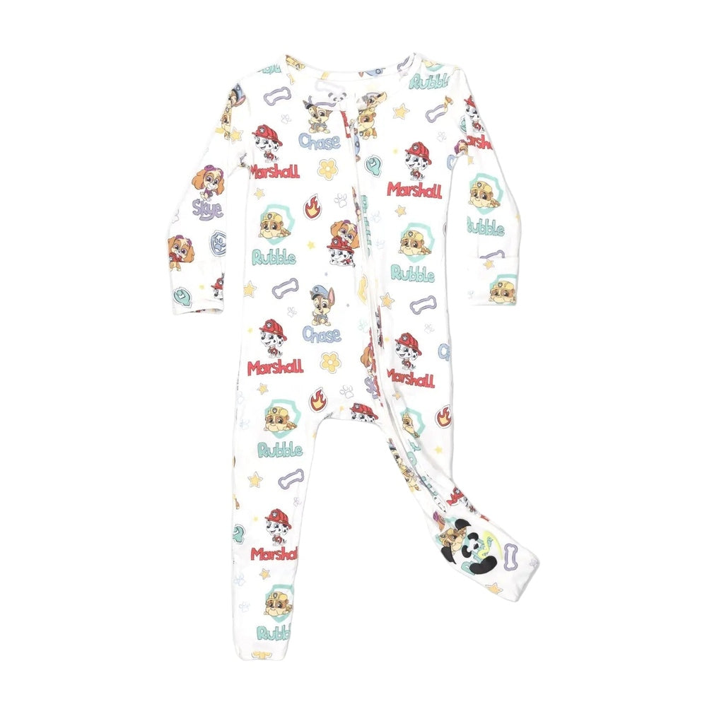 Bellabu Bear Playful Pups Bamboo Convertible Footie Paw Patrol, white with colorful Paw Patrol prints and front snaps.