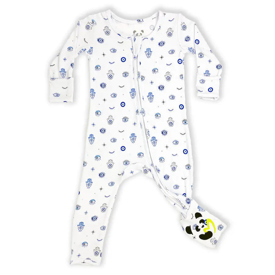 Bellabu Bear The Eye Bamboo Convertible Footie, white with blue eye motifs; front zipper for easy changes and panda-foot cuff.