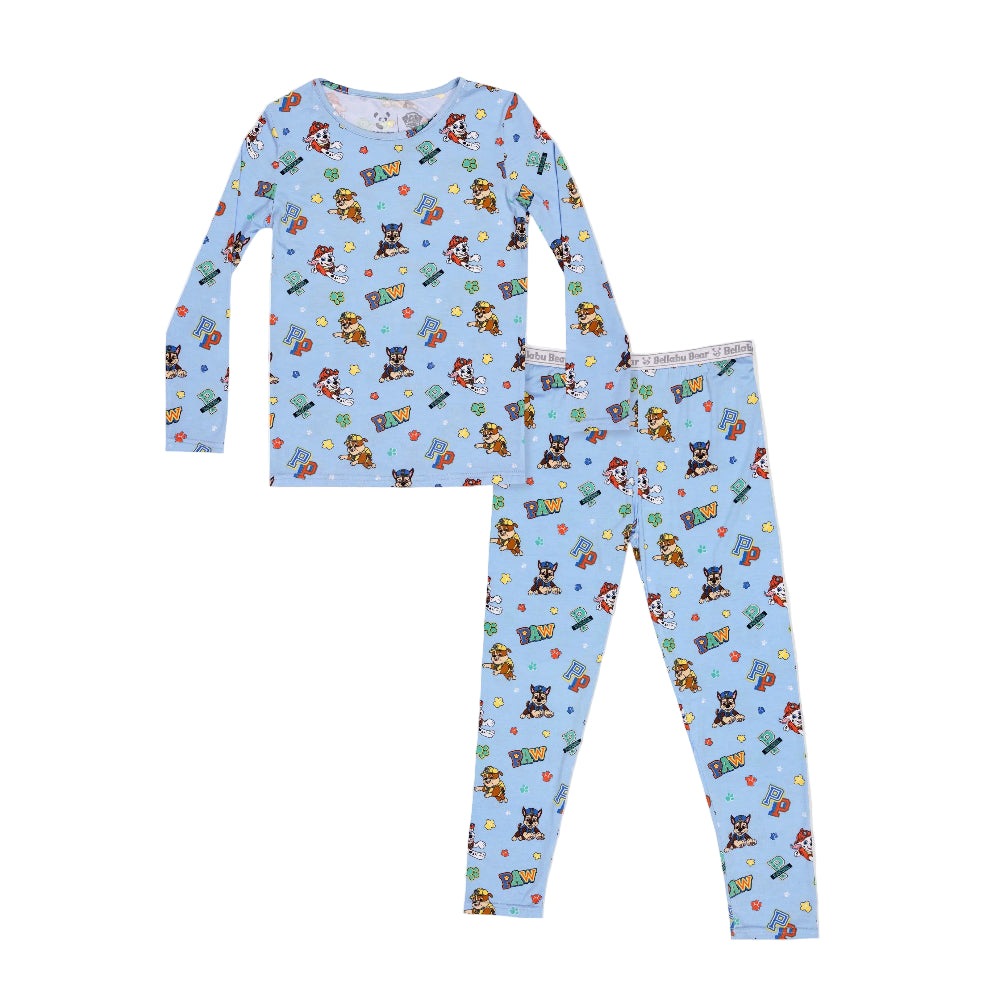 Bellabu Bear Varsity Blue Bamboo Kids Pajamas Paw Patrol set, two-piece laid flat for cozy bedtime.