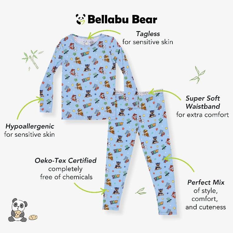 Bellabu Bear Varsity Blue Bamboo Kids Pajamas Paw Patrol set laid flat, showing tagless neckline and super-soft waistband with playful paw prints.
