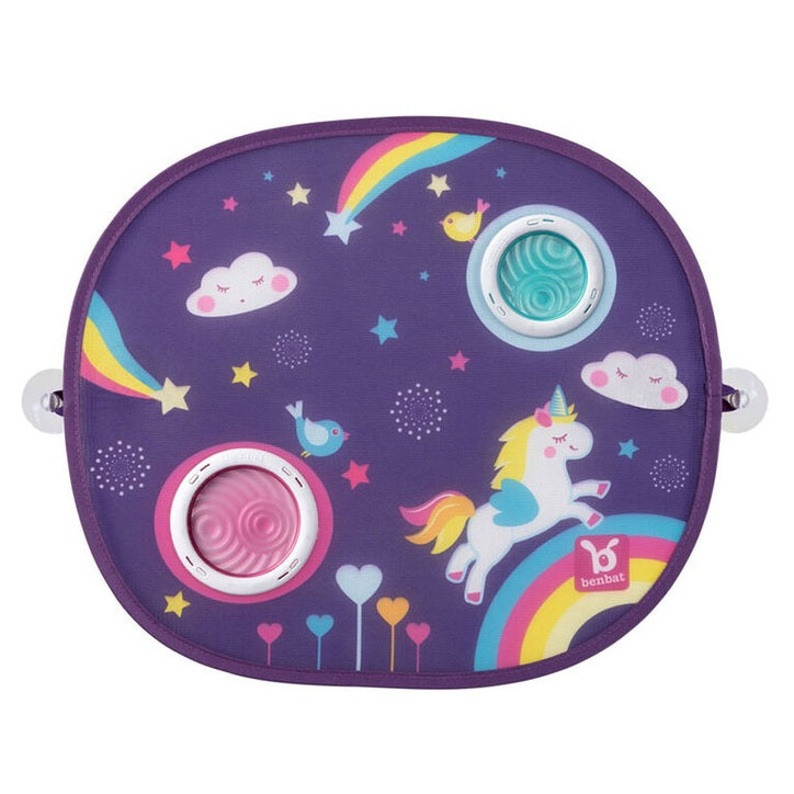BENBAT round unicorn car sunshade with purple background, rainbow accents and suction cups