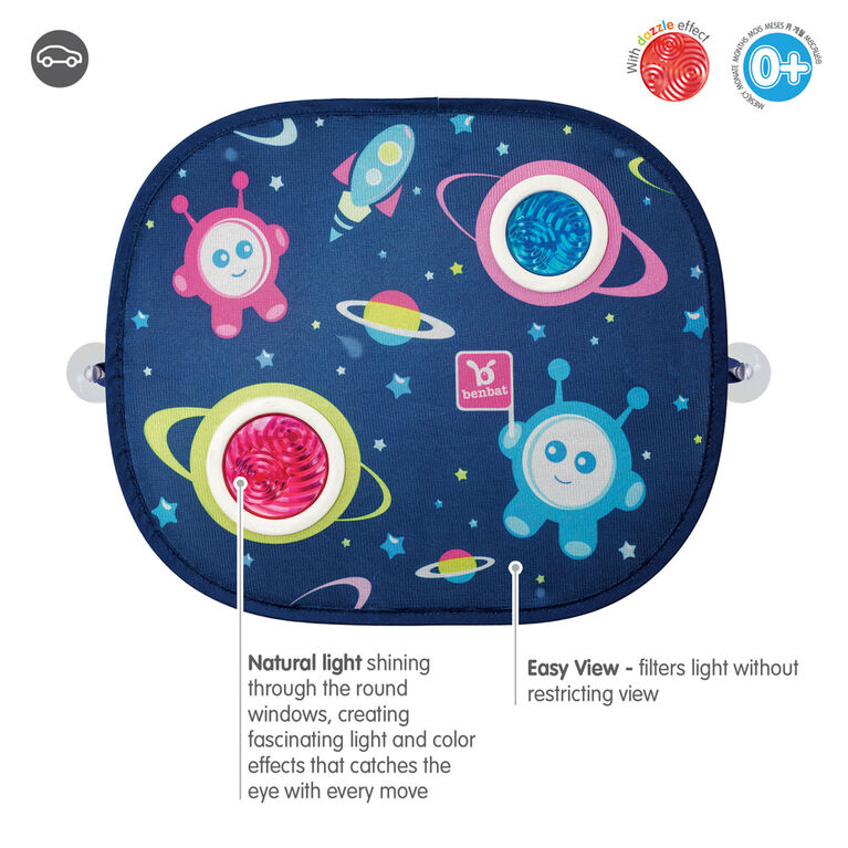 Benbat Car Sunshade Rounded with Suction Cups, blue space pattern, two suction cups attach to car window for baby comfort