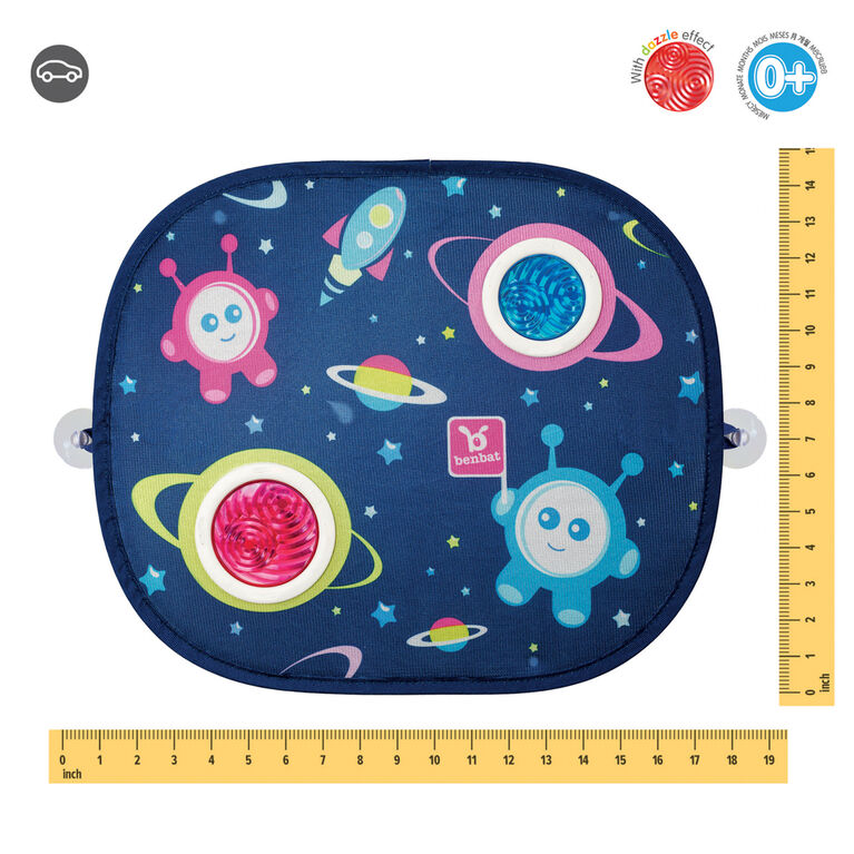 Benbat Car Sunshade Rounded With Suction Cups, blue space-themed panel secured to car window with suction cups