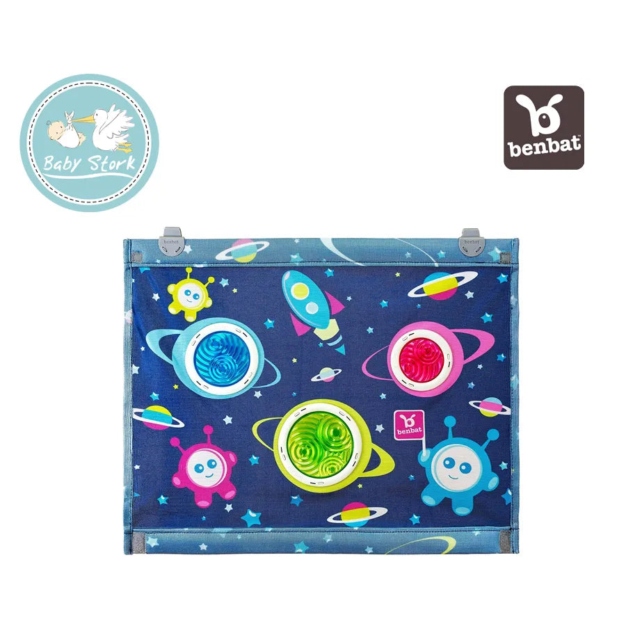 Benbat Car Sunshade With Dazzle Effect Square Shape With Hanger, blue space-theme sunshade with rockets and planets.