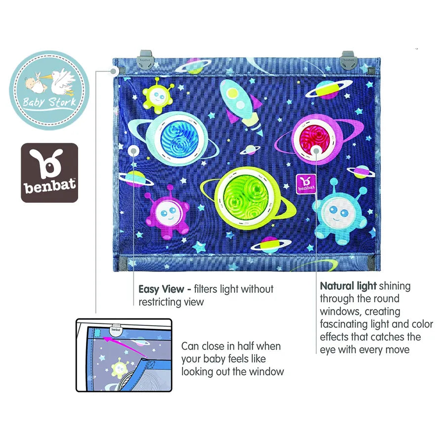 Benbat Car Sunshade With Dazzle Effect Square Shape With Hanger, blue space design clipped to a car window filters light.