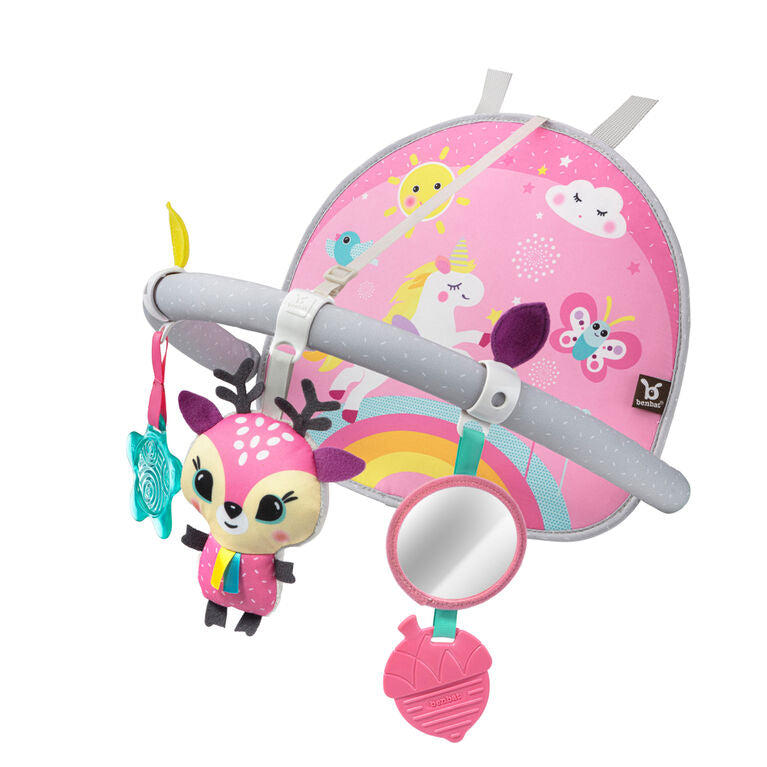 Benbat Double-Sided Car Arch Unicorn with pink print, grey handlebar, and hanging toys