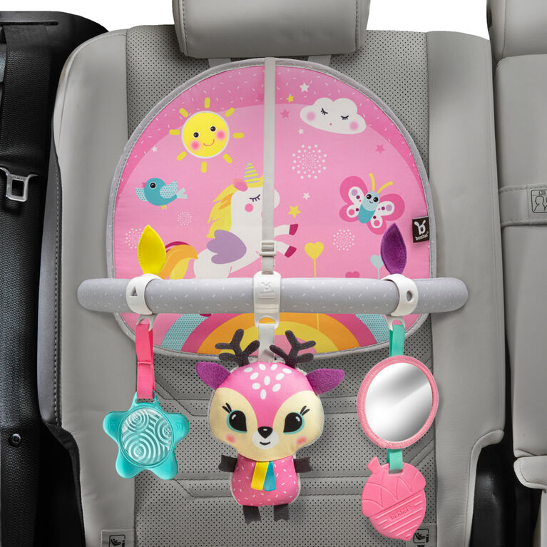 Benbat double-sided car arch unicorn in pink with sun, cloud and rainbow; includes star toy, mirror and plush deer