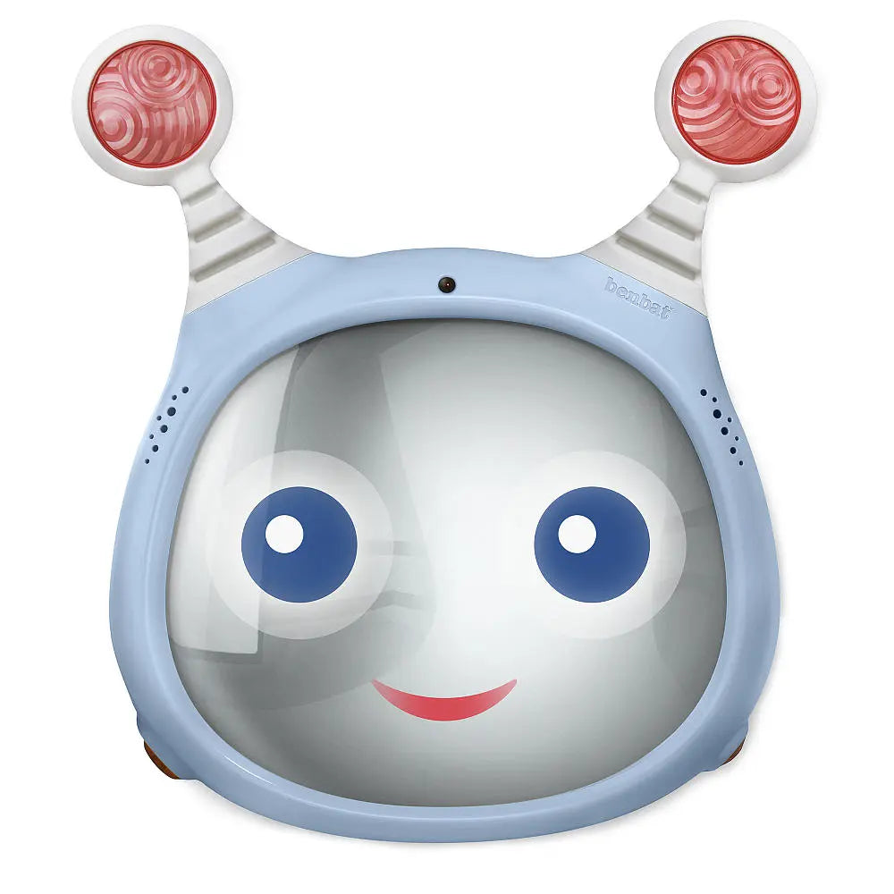 Benbat Oly Active Car Mirror in blue frame featuring a friendly face and two red ear-like sensors.