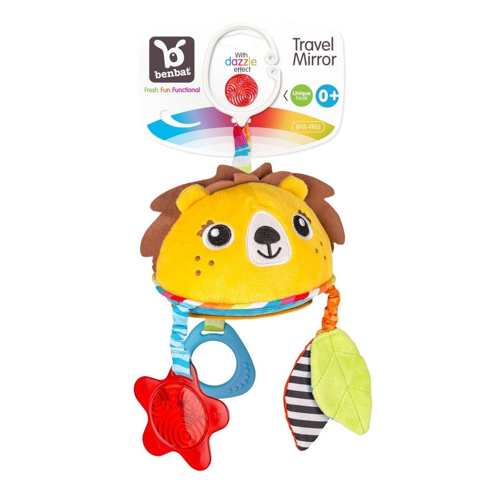 Benbat Travel Mirror Lion plush toy with colorful straps and dangling star, ring, and leaf attachments