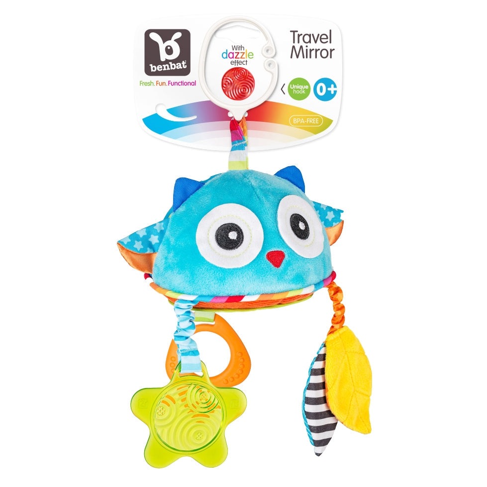 Benbat Travel Mirror Owl plush baby toy with blue owl, rainbow ribbons and star teether