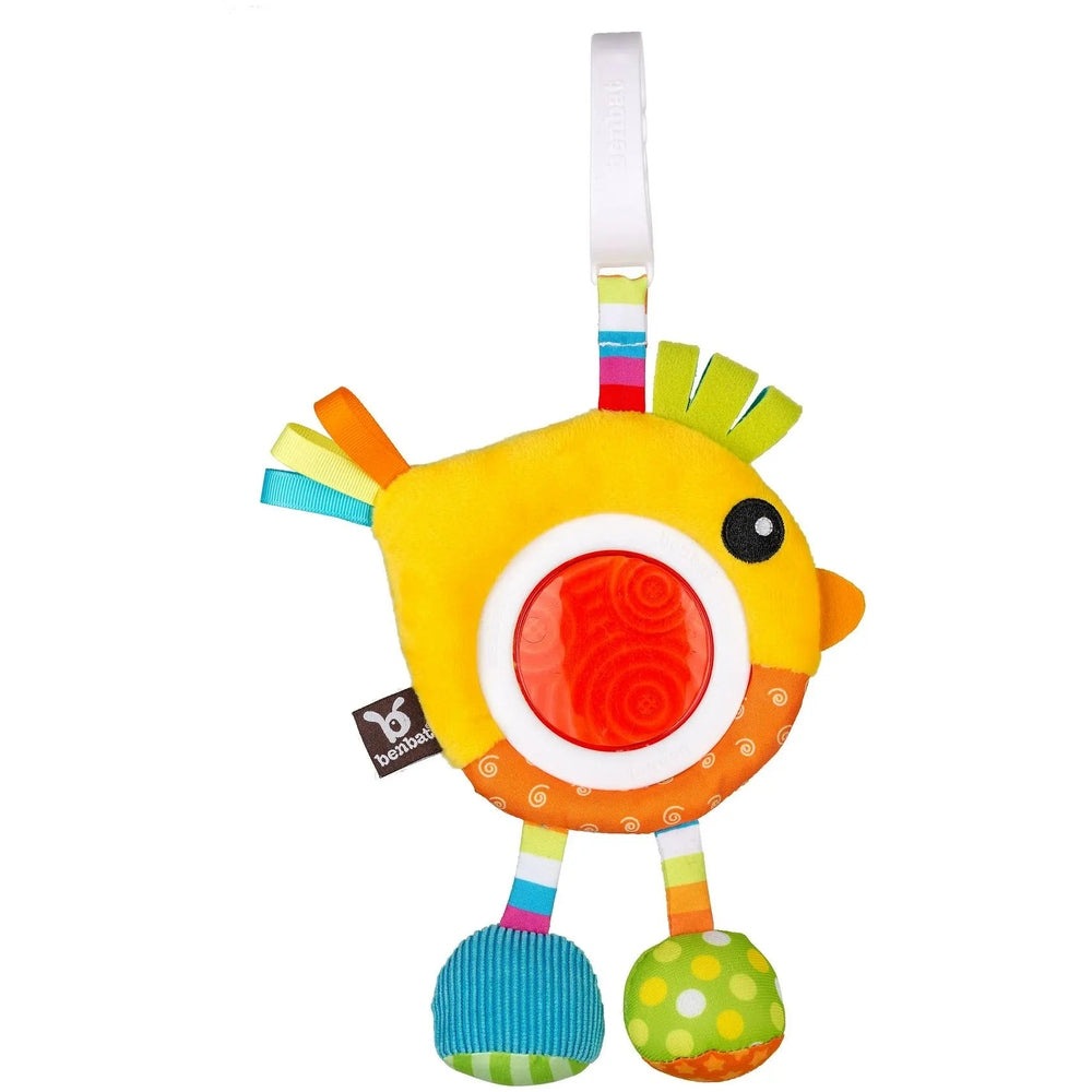 Benbat Travel Rattles plush yellow bird with multicolor ribbons and red center rattle, baby grabs the handle.