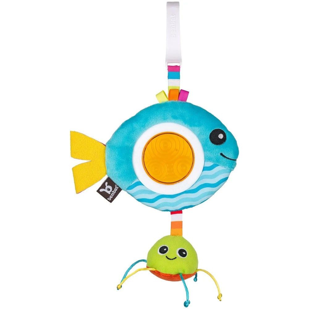 Benbat Travel Rattles plush toy: turquoise fish with orange ring rattle and a sunny green hanging buddy
