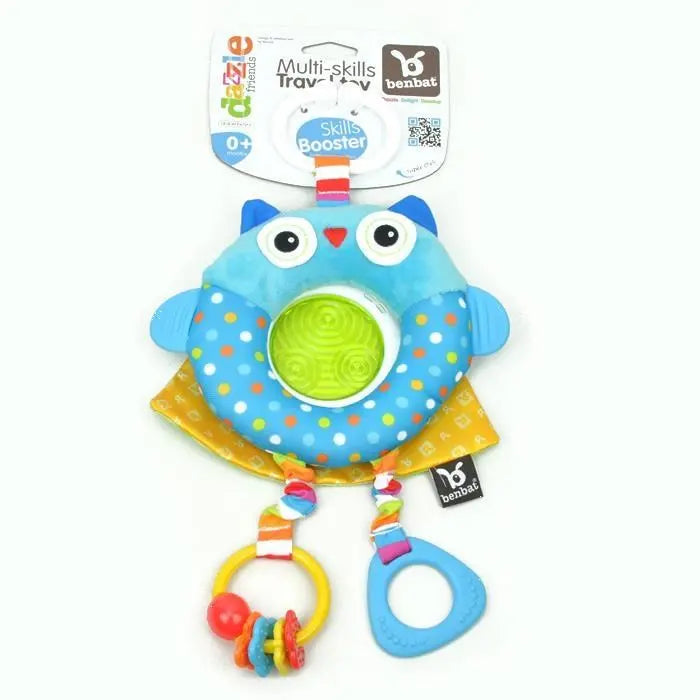 Benbat Travel Toy blue owl plush with polka dots, green central teether, and two dangling beaded rings.