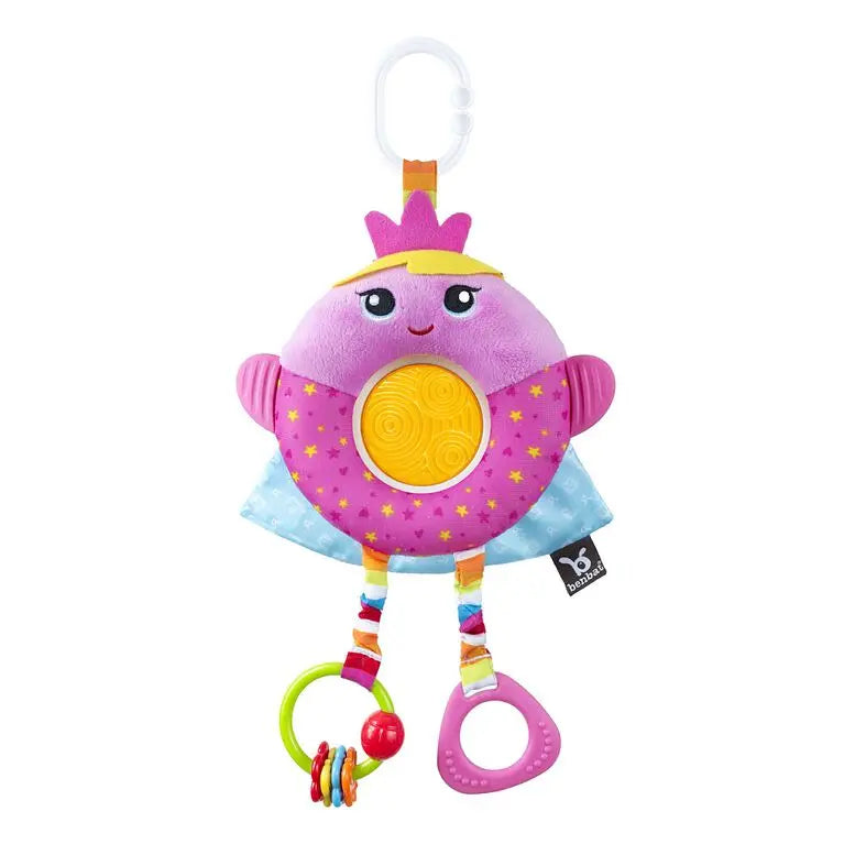 Benbat Travel Toy plush rattle in pink and purple with yellow center, clip to stroller and colorful bead rings.