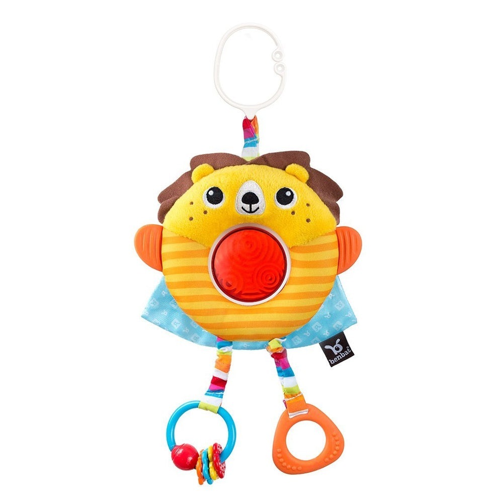 Benbat Travel Toy Lion Power plush lion with colorful striped legs, clip hanger and teether rings