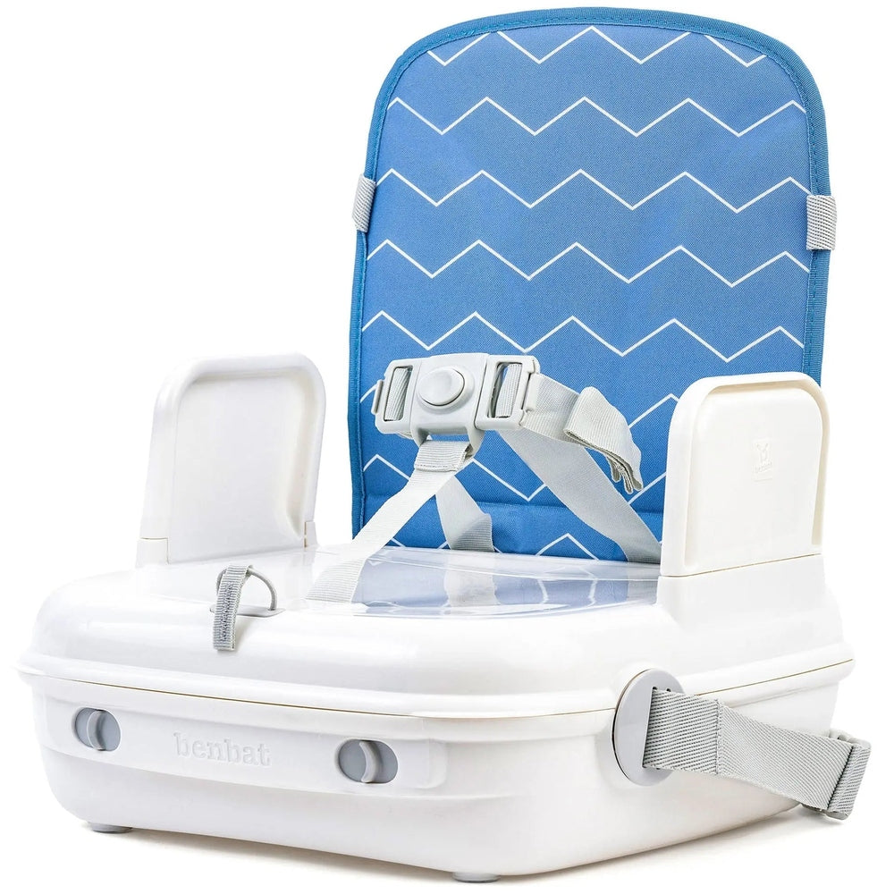 Benbat Yummigo2 booster seat with blue zigzag backrest and white base, harness buckled.