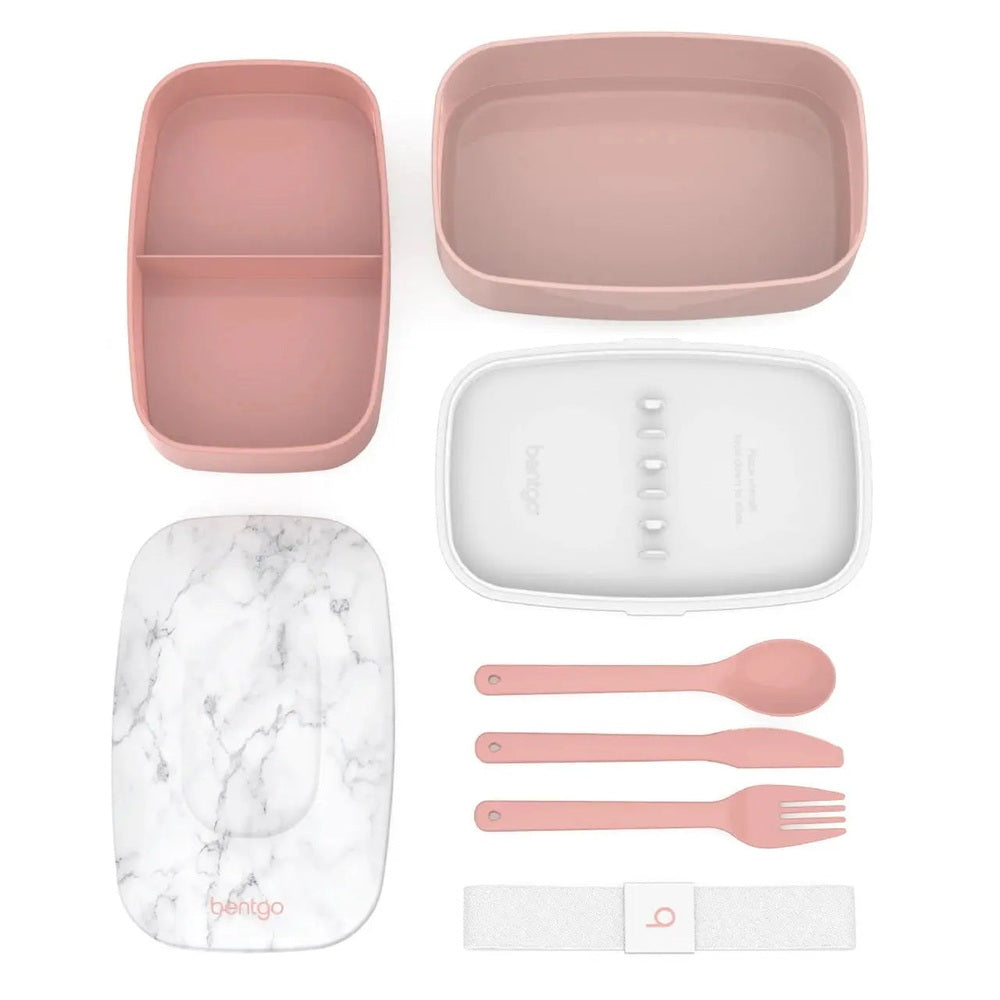 Bentgo Classic Two-Tier Lunch Box set in pink with marble tray, white lid, pink utensils, and strap.