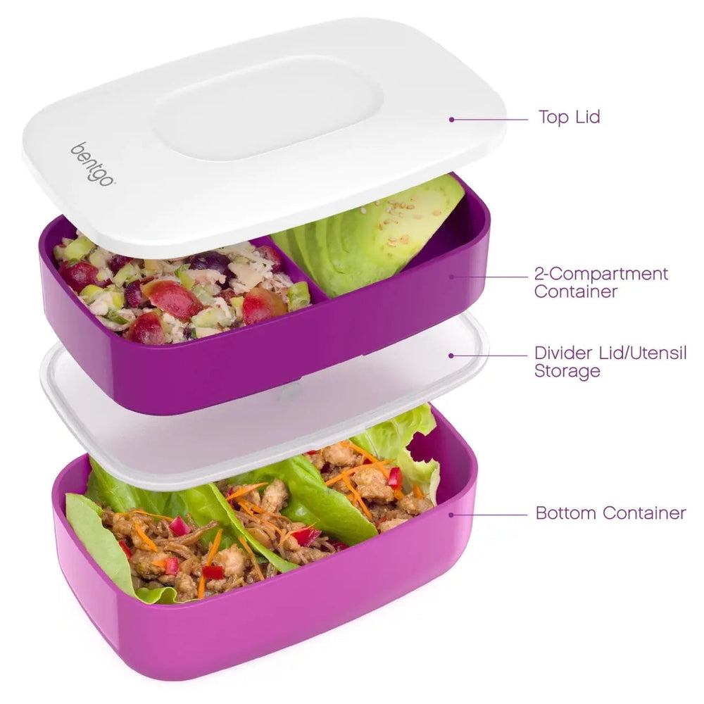 Bentgo Classic Two Tier Lunch Box in purple with white lid, open to show 2-compartment top tray and bottom container.