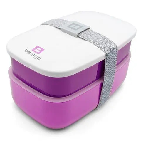 Bentgo Classic Two Tier Lunch Box in purple with white lid secured by a gray web strap.