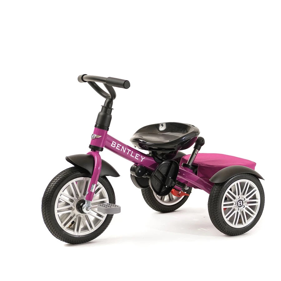 Bentley Trike 6-In-1 V2 Fuchsia Pink tricycle with adjustable T-bar handle, black seat, and silver wheels