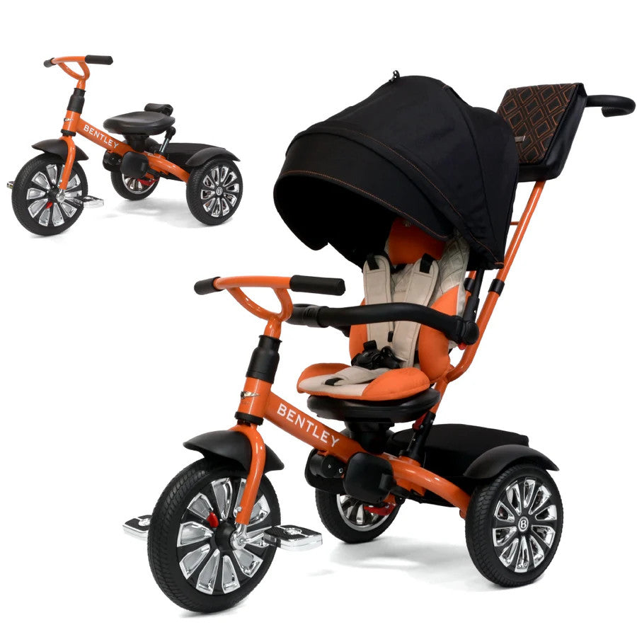 Bentley Trike 6-in-1 V2 Mulliner Mandarin orange frame with canopy and stroller-style seat for toddlers
