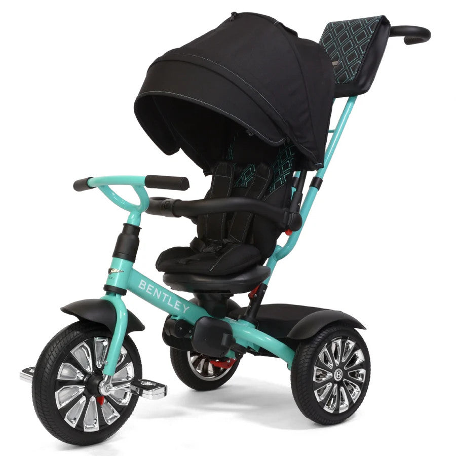 Bentley Trike 6-in-1 V2 Mulliner Celeste toddler tricycle with teal frame, black canopy, and three wheels