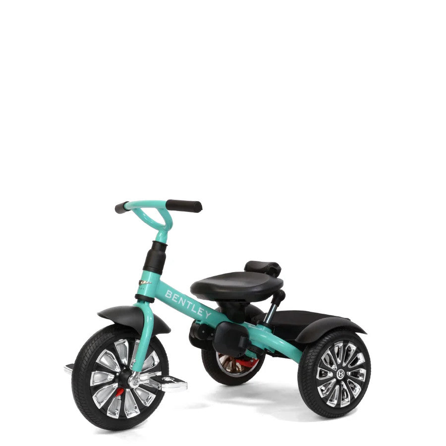 Bentley Trike 6-in-1 V2 Mulliner Celeste three-wheeled toddler tricycle, mint green with black seat and chrome wheels