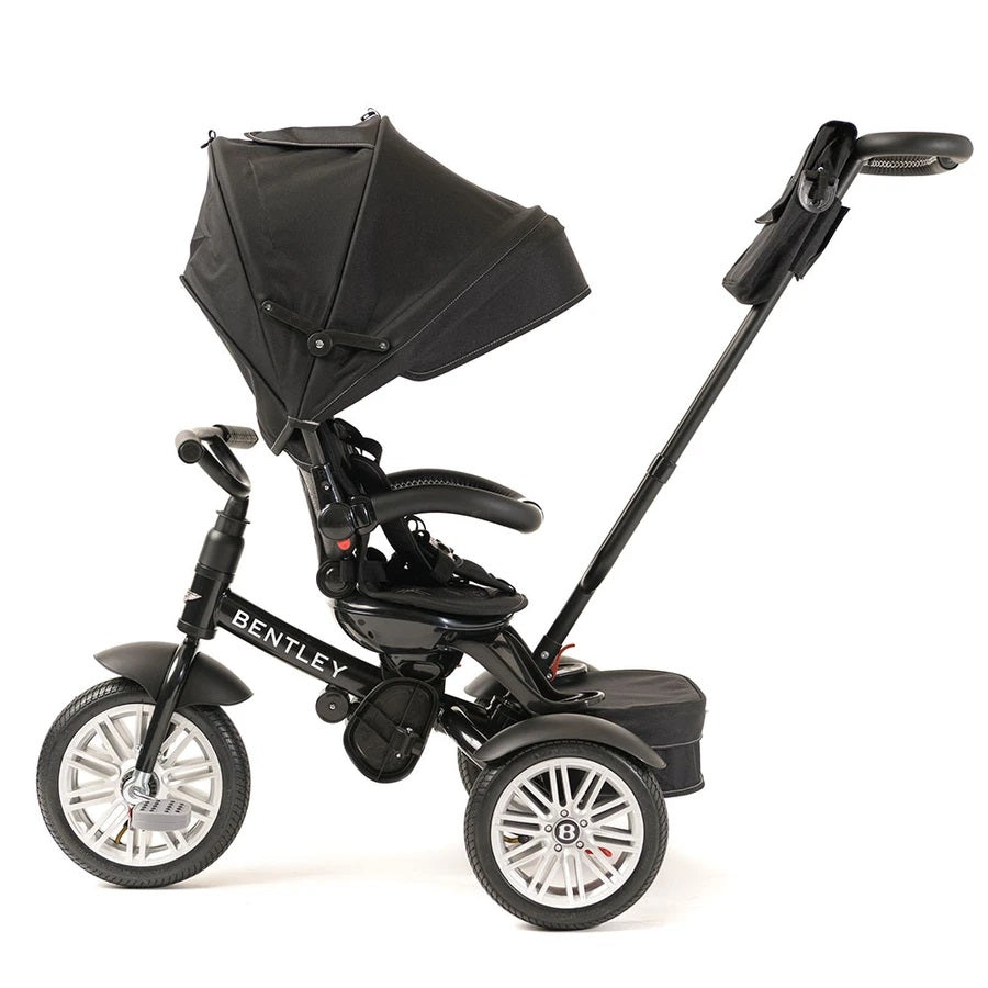 Bentley Trike 6-In-1 V2 Onyx Black baby tricycle with canopy and extended push handle for easy steering.