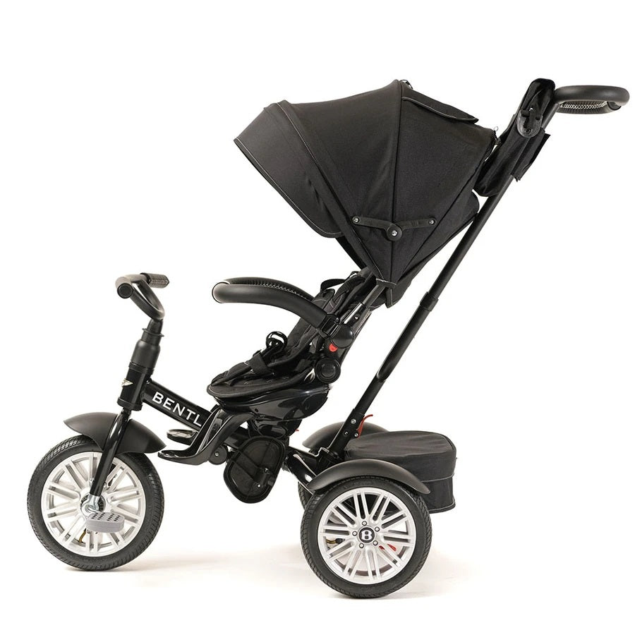 Bentley Trike 6-In-1 V2 Onyx Black baby tricycle with canopy and extended parent handle in ready-to-push setup.