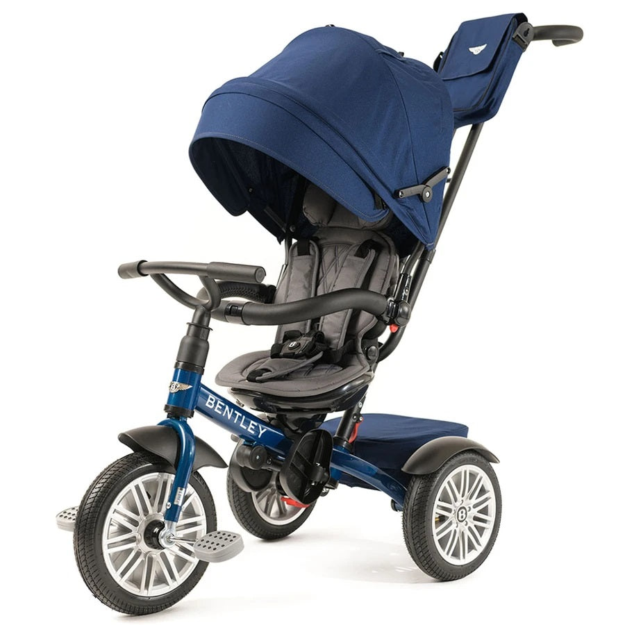 Bentley Trike 6-In-1 V2 Sequin Blue, blue three-wheel toddler trike with adjustable canopy and stroller-style seat.