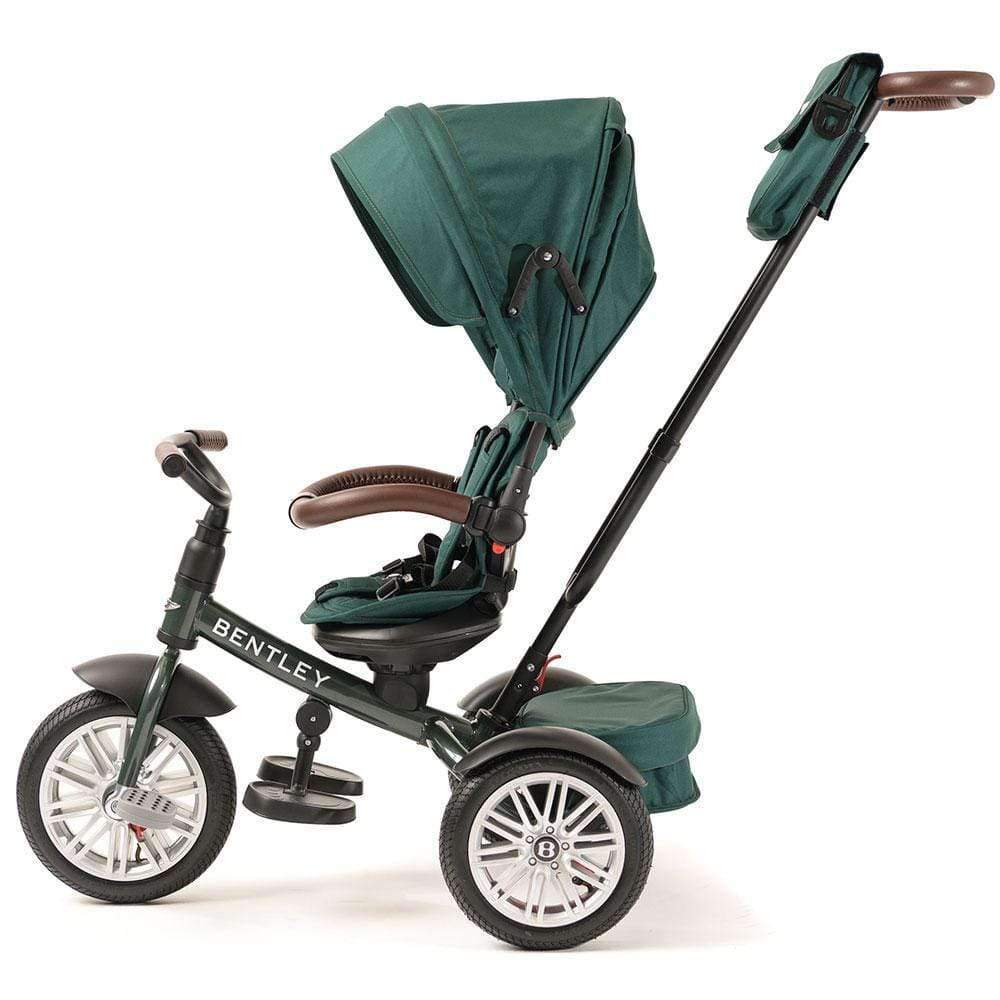 Bentley Trike 6-in-1 V2 Spruce Green baby ride-on with canopy and brown leatherette accents