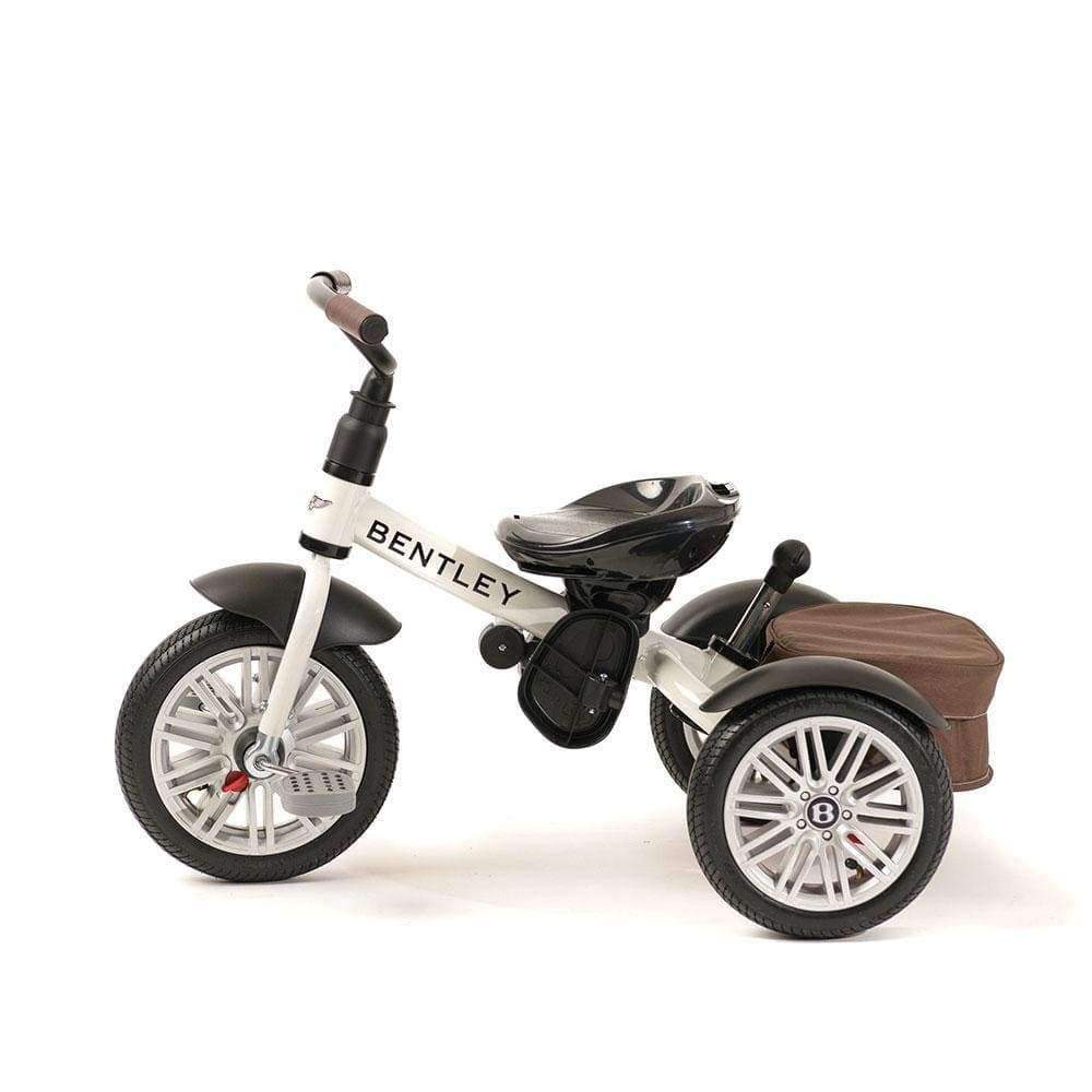 Bentley Trike 6-in-1 V2 white satin toddler tricycle with brown cargo bag