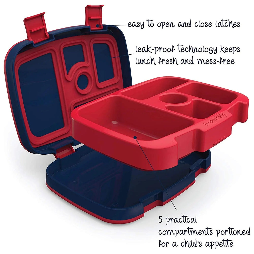 Bentogo Kids Prints Bento Lunch Box in red and navy, open lid reveals 5-compartment tray and secure latches.
