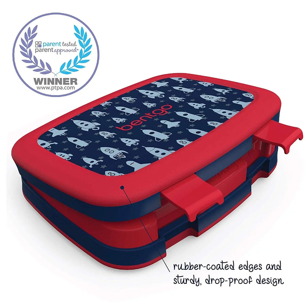 Bentogo Kids Prints Bento Lunch Box, red frame with navy rocket-print lid; rubber-coated edges